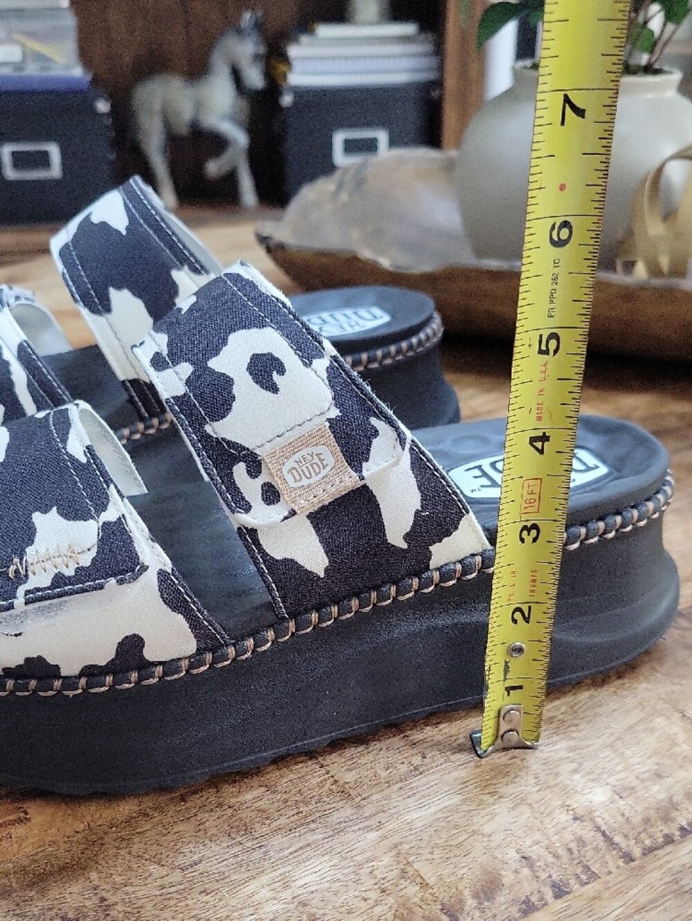 Hey Dude Black & White Cow-Pattern Platform Sandals - Picture 7 of 7
